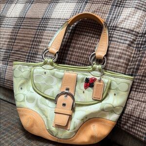 Vintage Coach Ladybug Green W/leather trim Excellent Condition Crystals